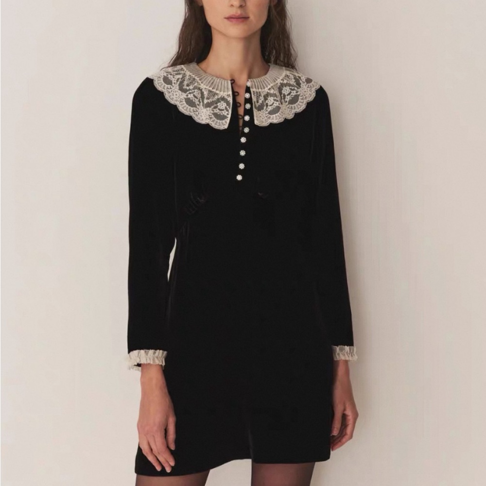 Doen Black Mini Dress with White Lace Collar